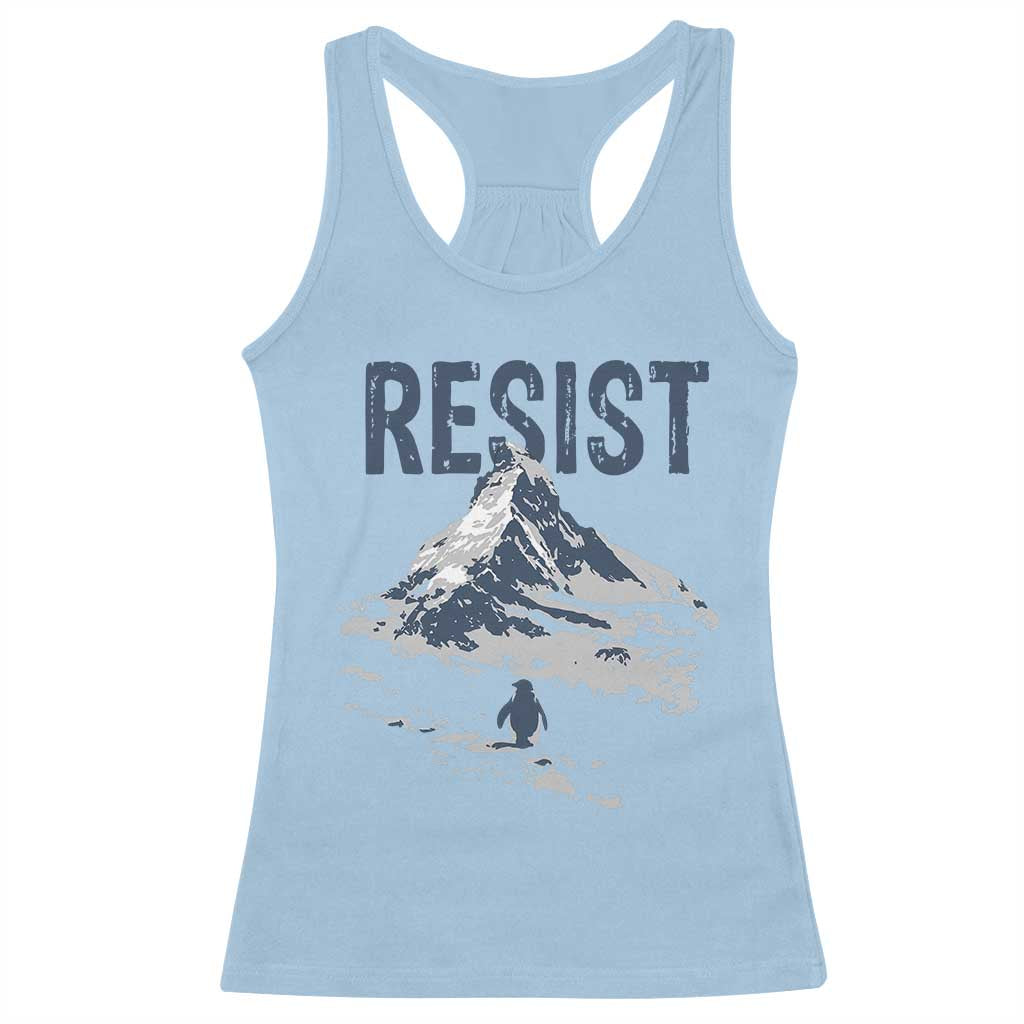 Funny Penguin Protest Racerback Tank Top Resist Penguin Mountain Hiking Meme