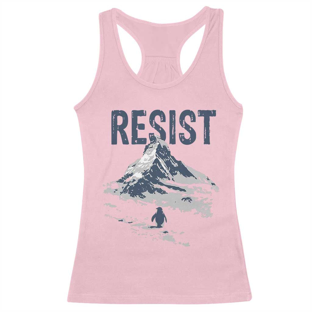 Funny Penguin Protest Racerback Tank Top Resist Penguin Mountain Hiking Meme