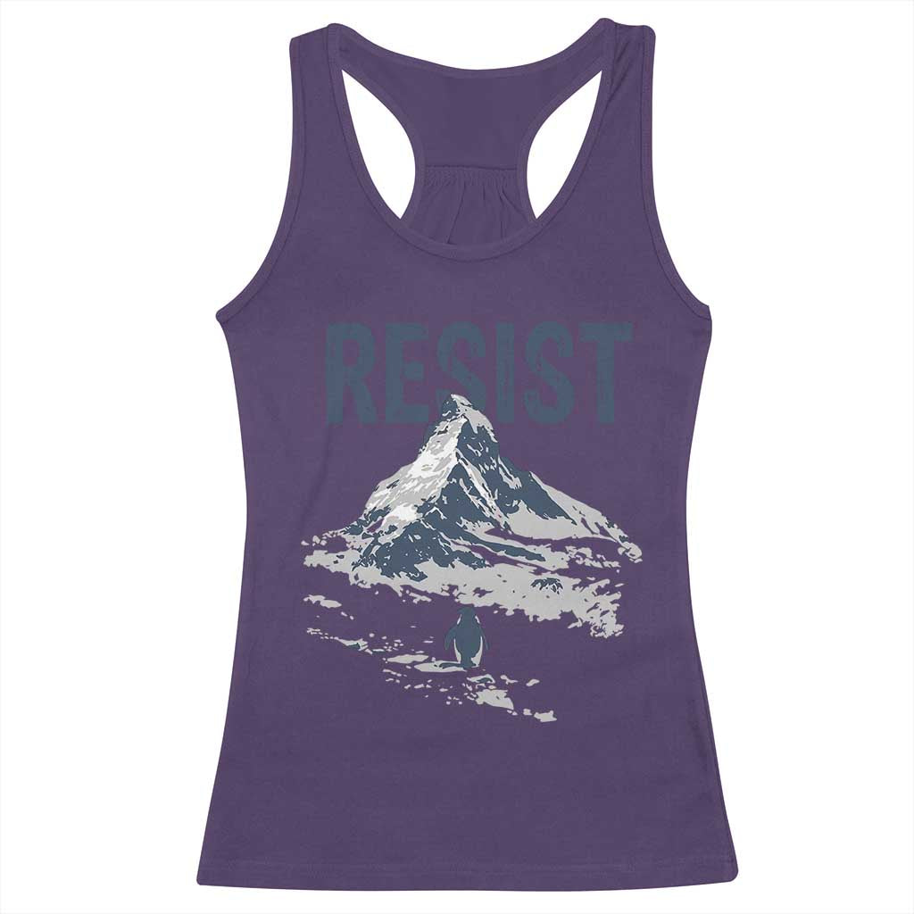 Funny Penguin Protest Racerback Tank Top Resist Penguin Mountain Hiking Meme