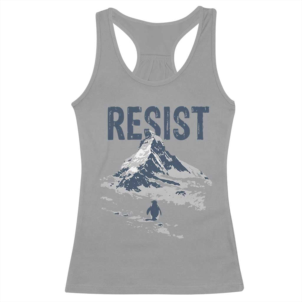 Funny Penguin Protest Racerback Tank Top Resist Penguin Mountain Hiking Meme