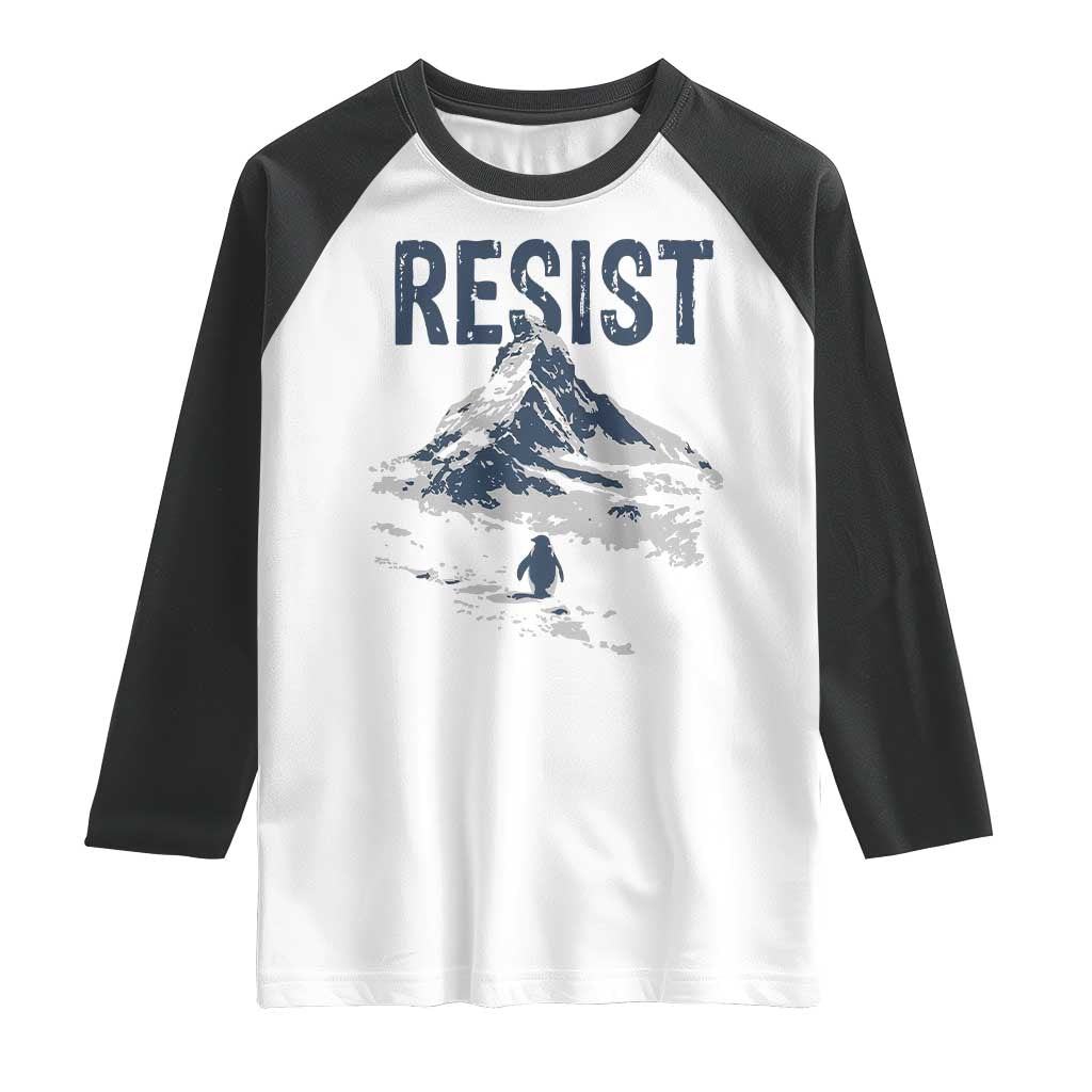 Funny Penguin Protest Raglan Shirt Resist Penguin Mountain Hiking Meme