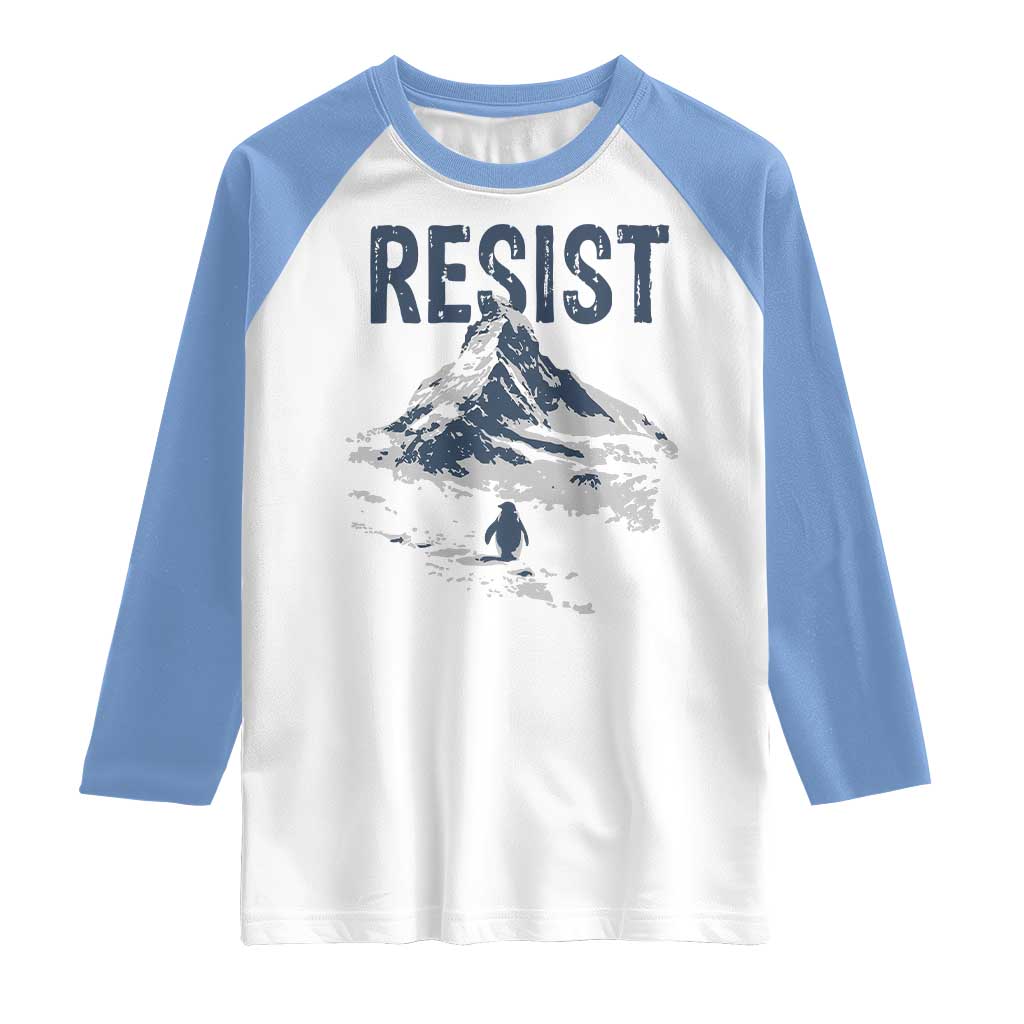 Funny Penguin Protest Raglan Shirt Resist Penguin Mountain Hiking Meme