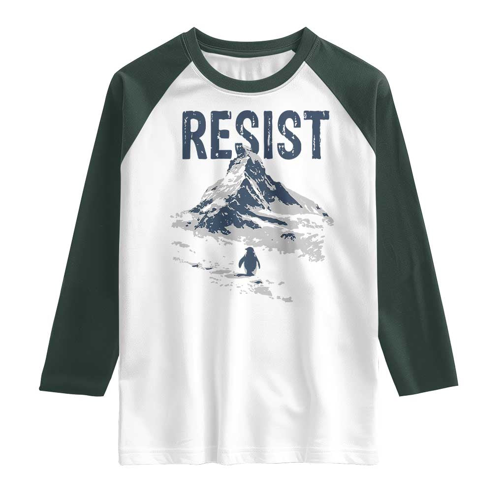 Funny Penguin Protest Raglan Shirt Resist Penguin Mountain Hiking Meme