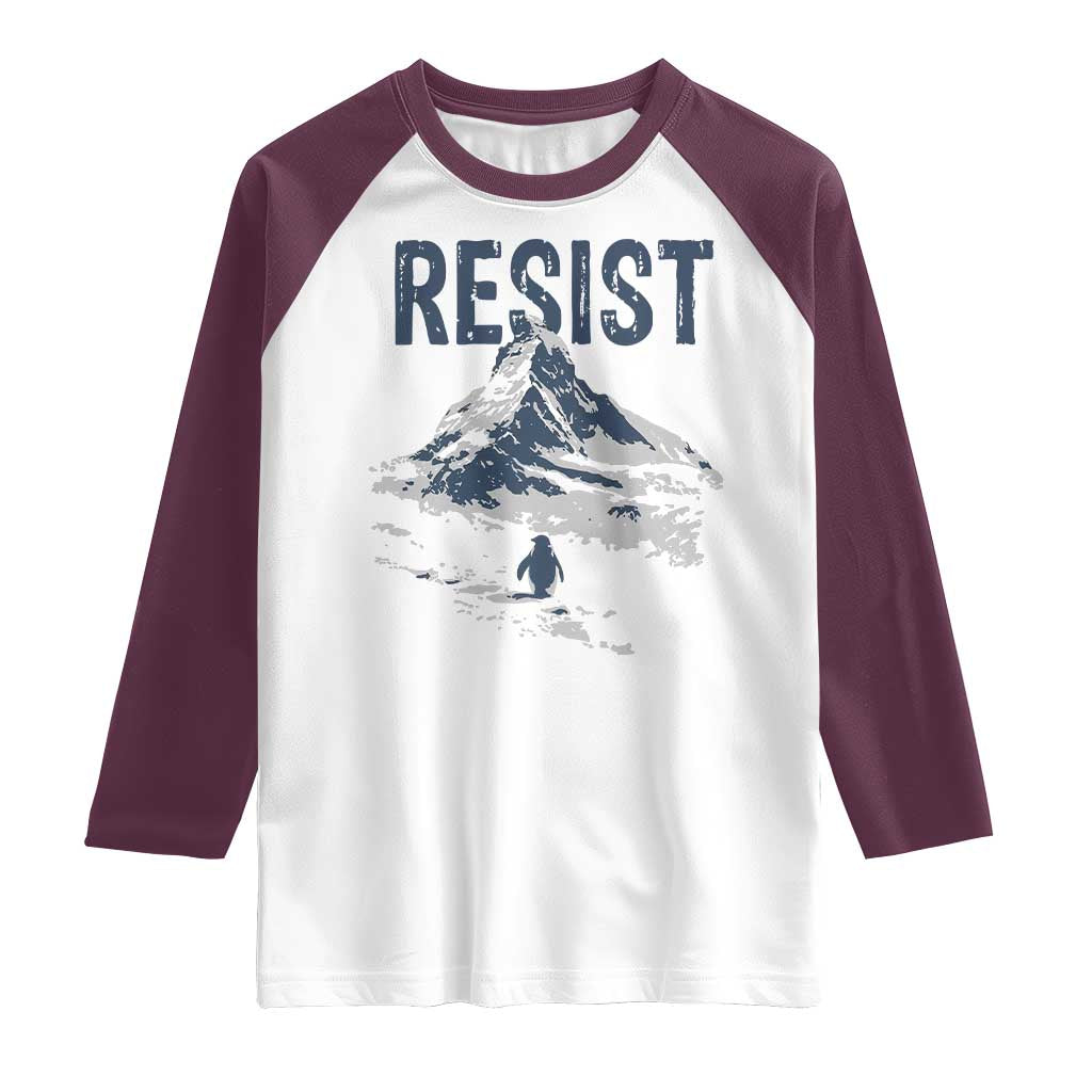 Funny Penguin Protest Raglan Shirt Resist Penguin Mountain Hiking Meme