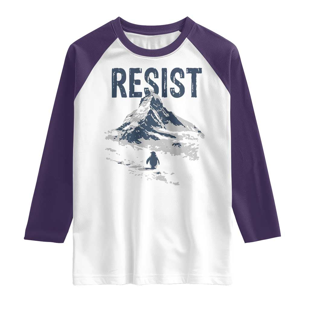 Funny Penguin Protest Raglan Shirt Resist Penguin Mountain Hiking Meme