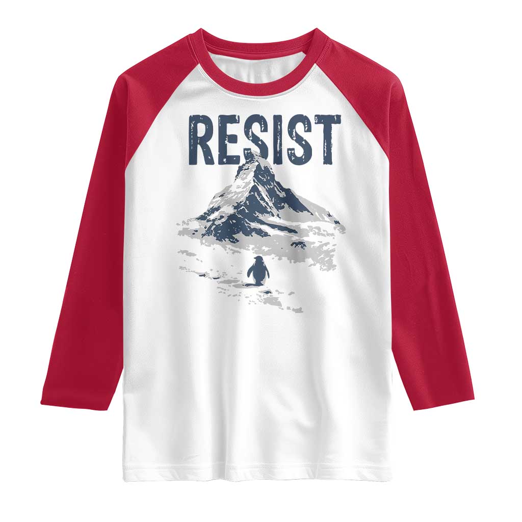Funny Penguin Protest Raglan Shirt Resist Penguin Mountain Hiking Meme