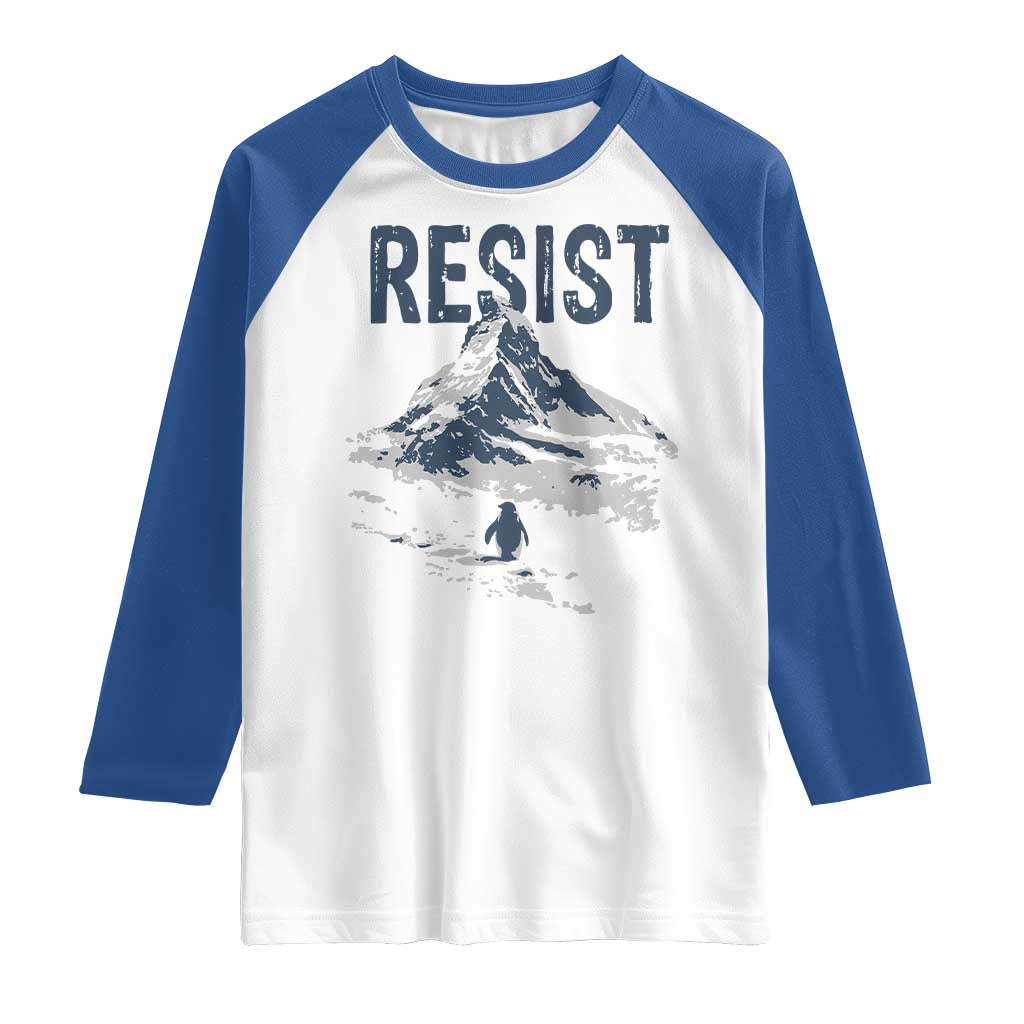Funny Penguin Protest Raglan Shirt Resist Penguin Mountain Hiking Meme