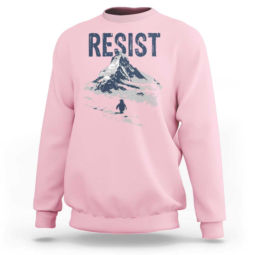 Funny Penguin Protest Sweatshirt Resist Penguin Mountain Hiking Meme