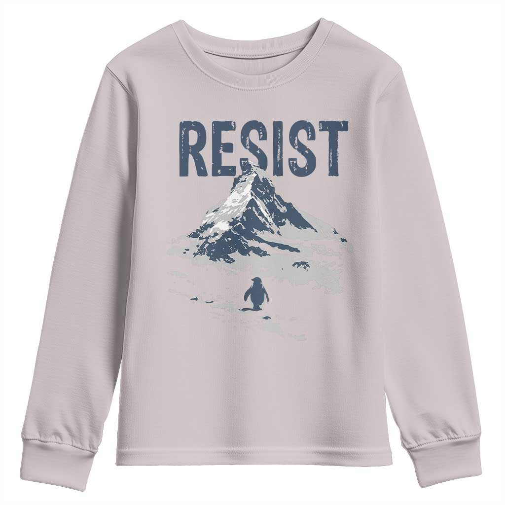 Funny Penguin Protest Youth Sweatshirt Resist Penguin Mountain Hiking Meme