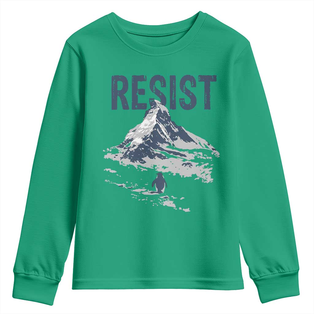 Funny Penguin Protest Youth Sweatshirt Resist Penguin Mountain Hiking Meme
