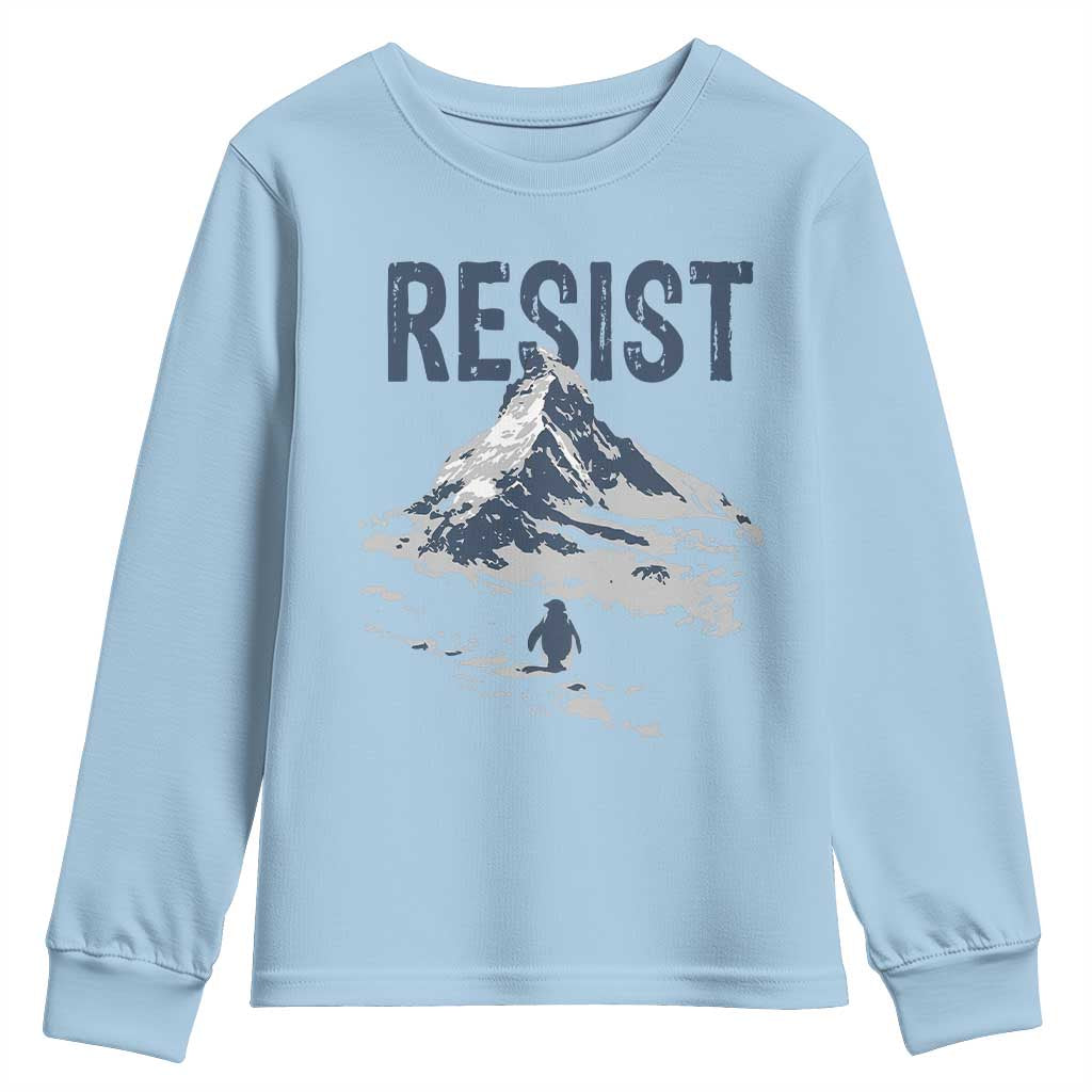 Funny Penguin Protest Youth Sweatshirt Resist Penguin Mountain Hiking Meme