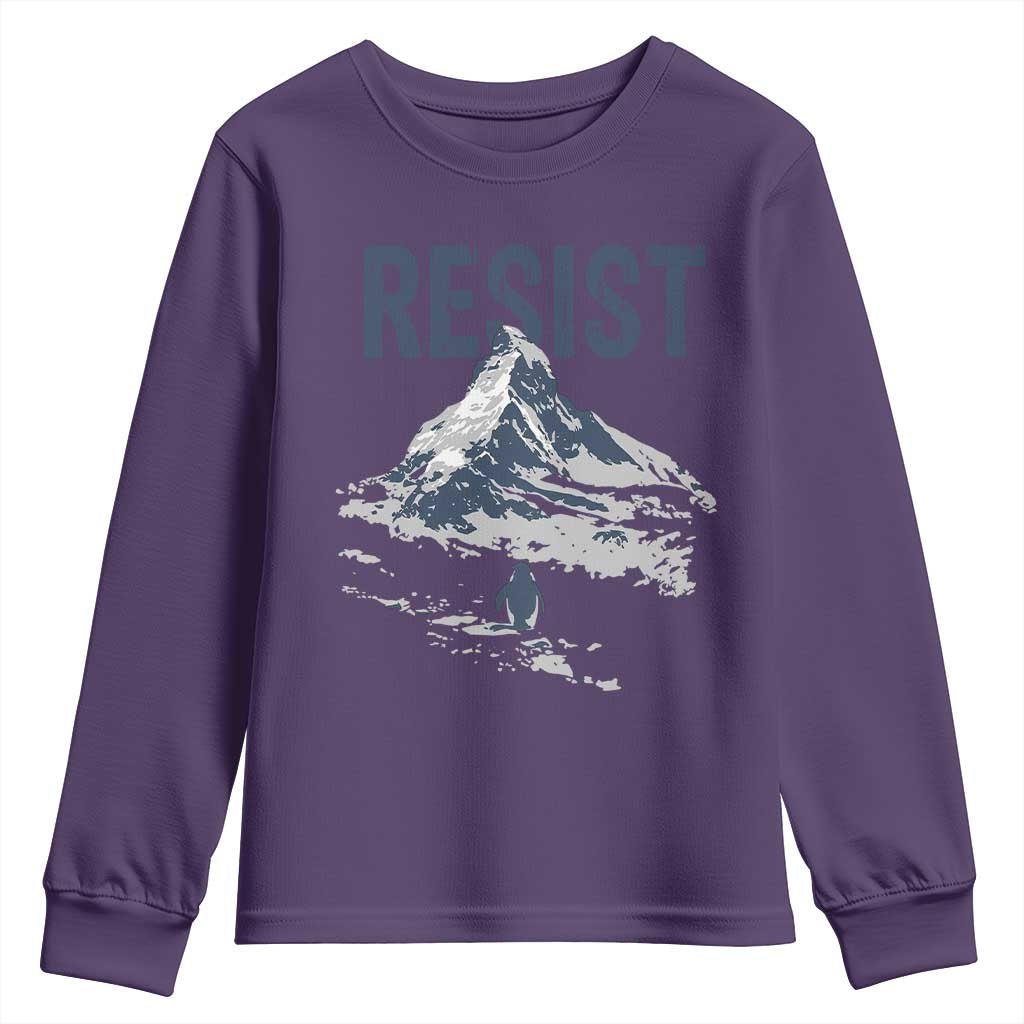Funny Penguin Protest Youth Sweatshirt Resist Penguin Mountain Hiking Meme