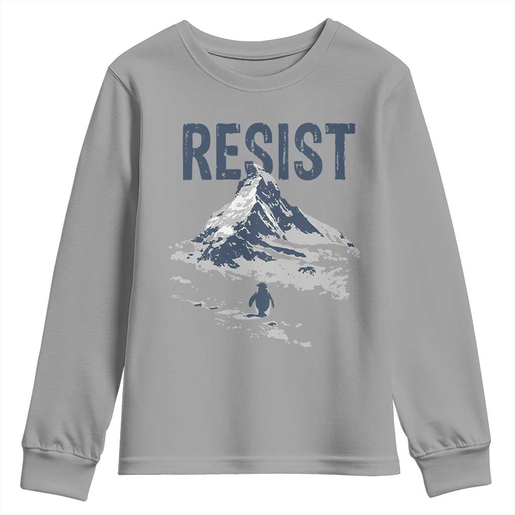 Funny Penguin Protest Youth Sweatshirt Resist Penguin Mountain Hiking Meme