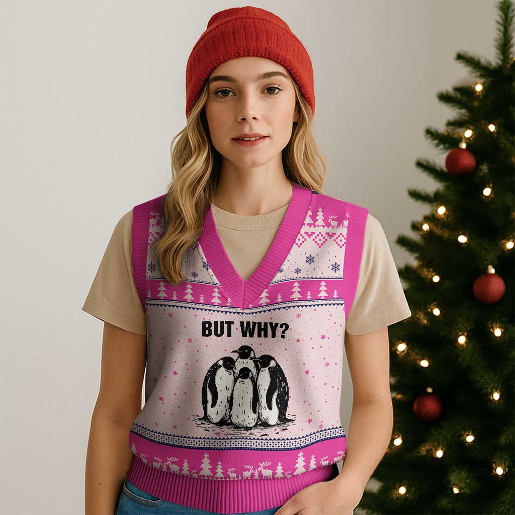 But Why Penguin V-Neck Knit Sweater Vest Funny Nihilist Hiking