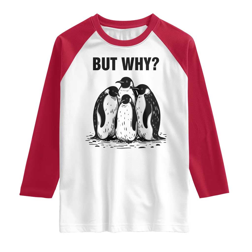 But Why Penguin Raglan Shirt Funny Nihilist Hiking