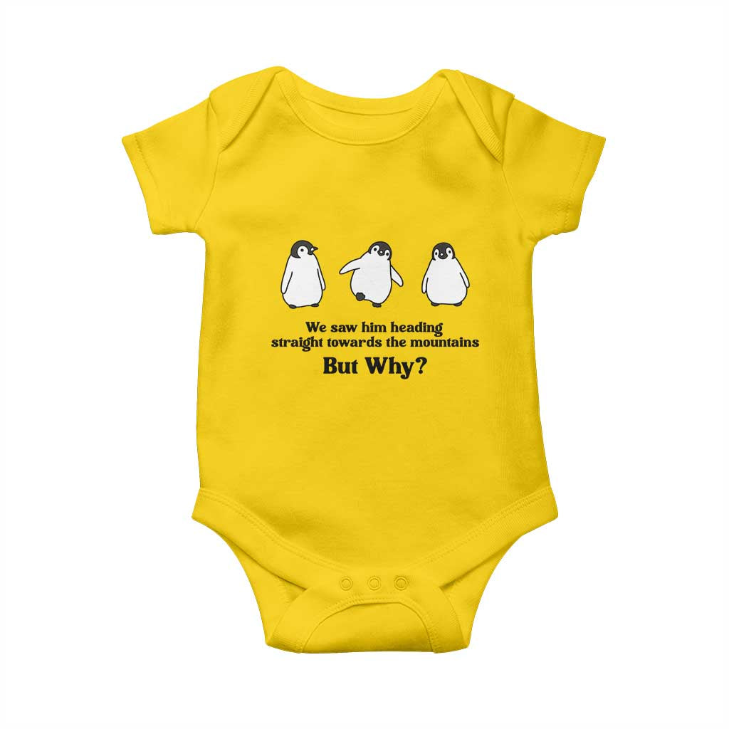 But Why Penguin Baby Onesie Trendy Nihilist Sad Penguin Mountains Meme