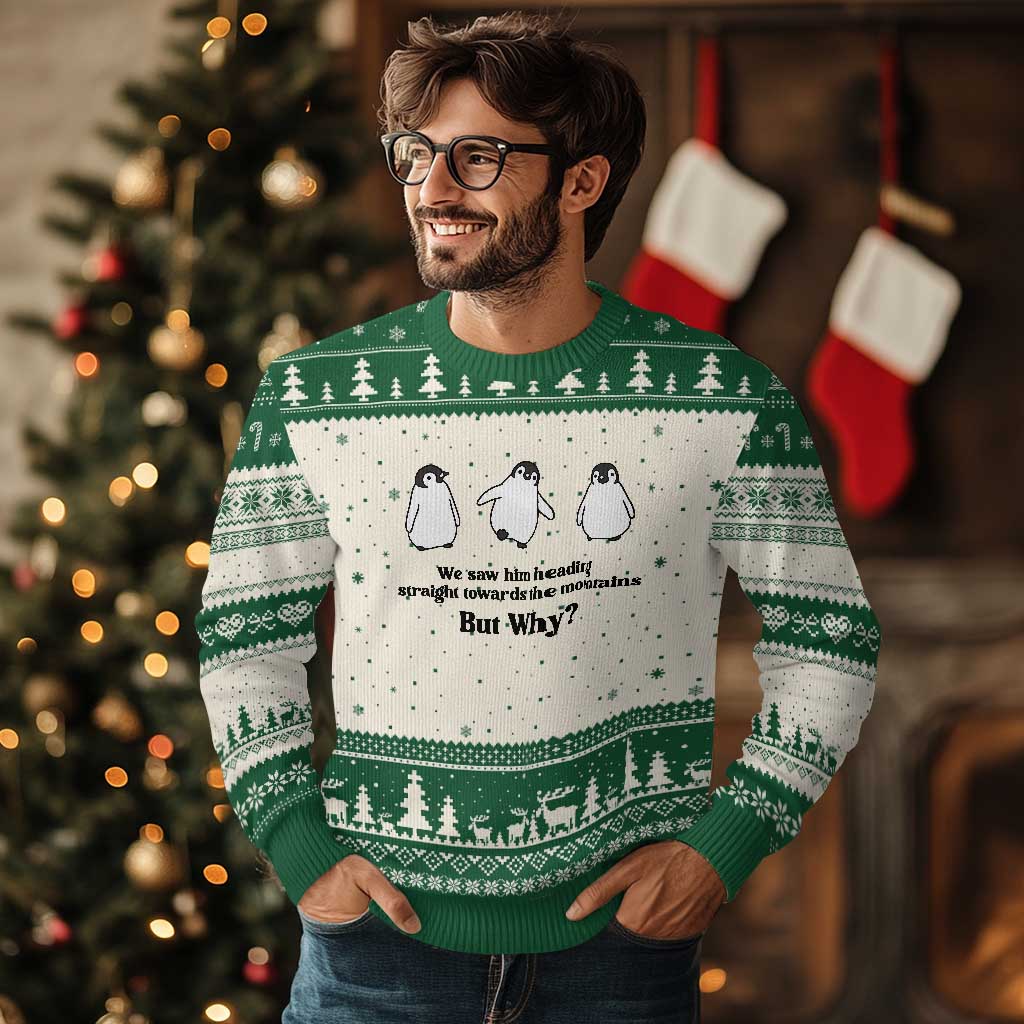 But Why Penguin Ugly Christmas Sweater Trendy Nihilist Sad Penguin Mountains Meme
