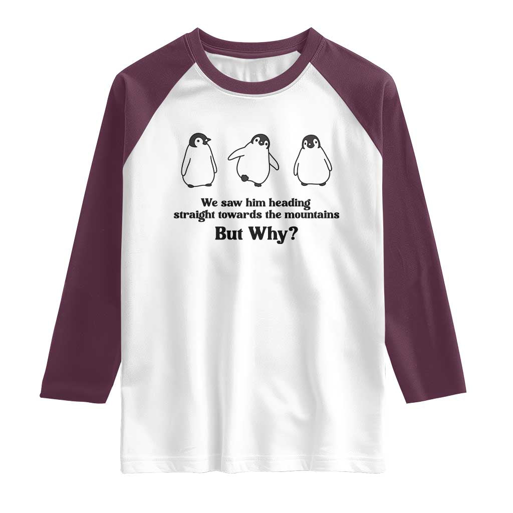 But Why Penguin Raglan Shirt Trendy Nihilist Sad Penguin Mountains Meme