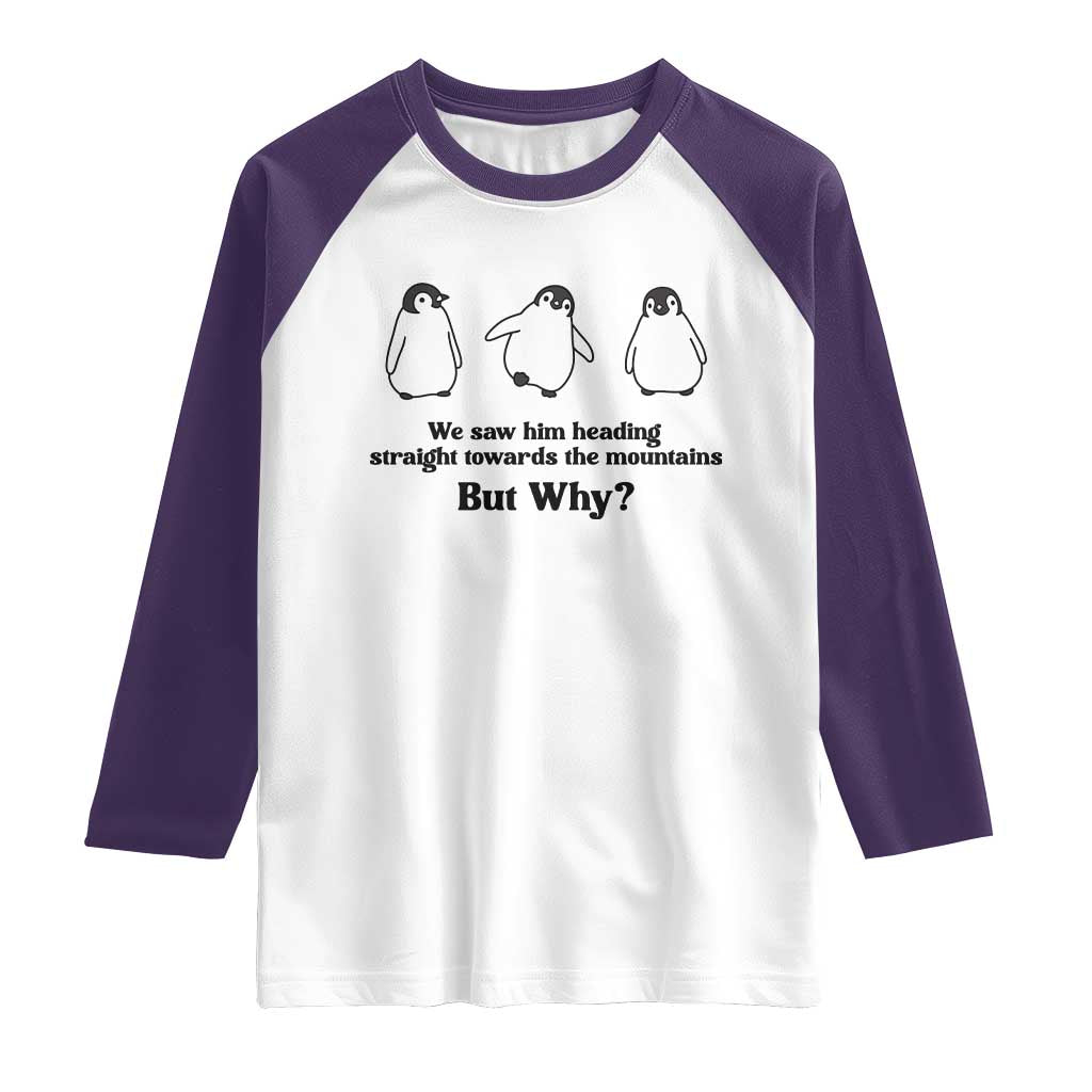 But Why Penguin Raglan Shirt Trendy Nihilist Sad Penguin Mountains Meme