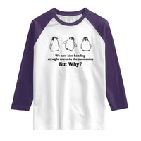 But Why Penguin Raglan Shirt Trendy Nihilist Sad Penguin Mountains Meme
