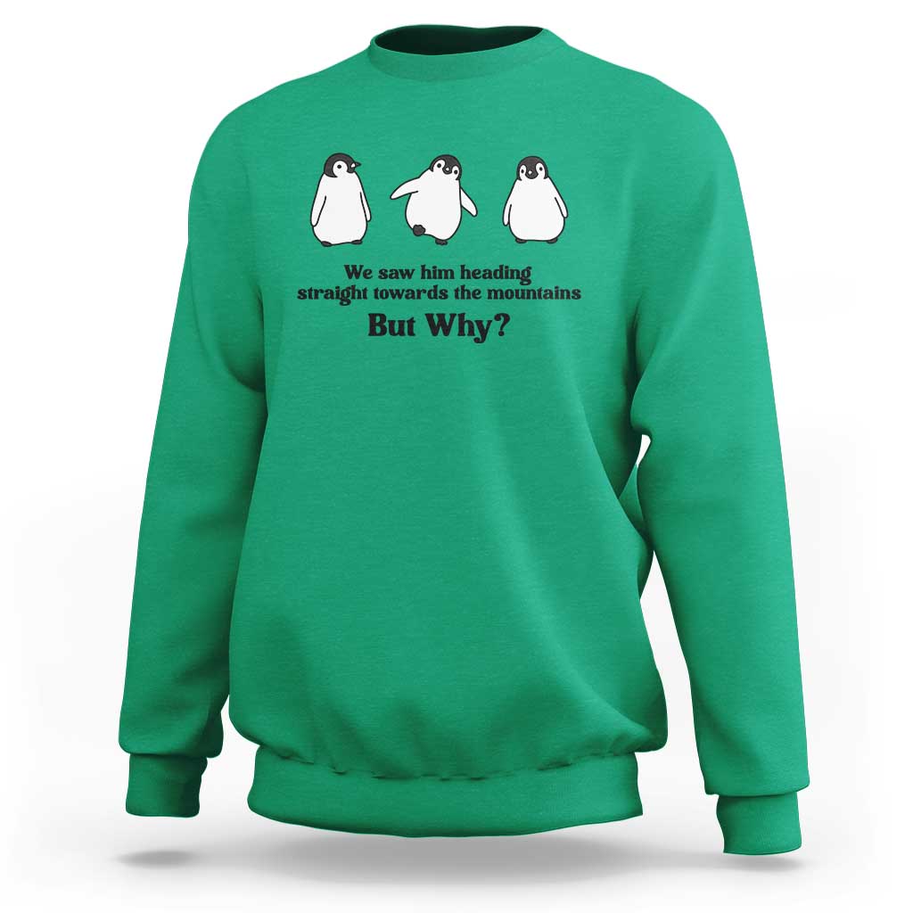 But Why Penguin Sweatshirt Trendy Nihilist Sad Penguin Mountains Meme