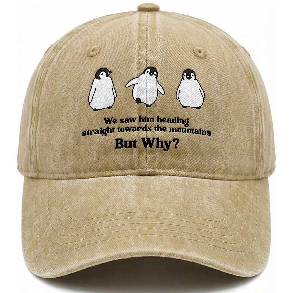 But Why Penguin Washed Cotton Baseball Cap Trendy Nihilist Sad Penguin Mountains Meme