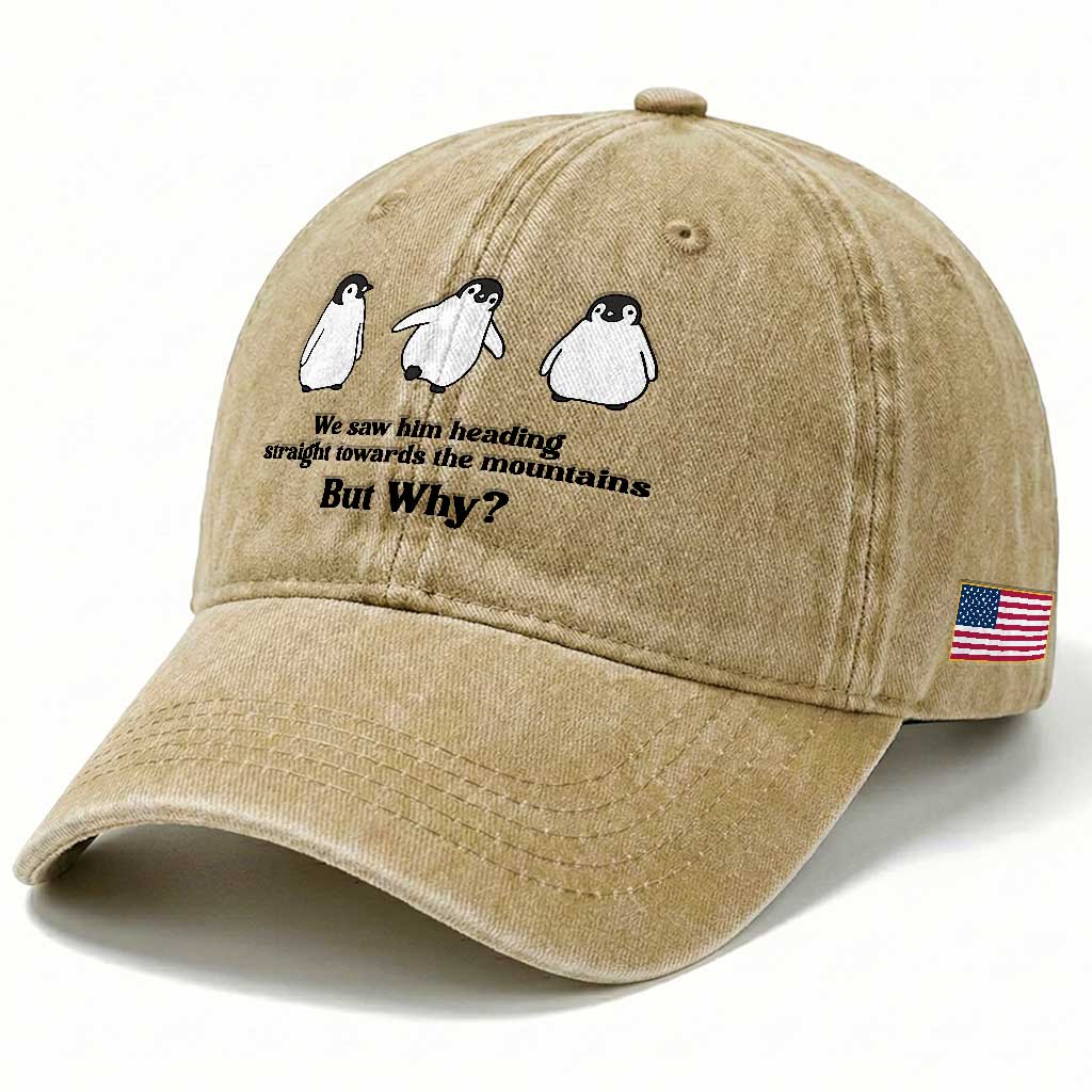 But Why Penguin Washed Cotton Baseball Cap Trendy Nihilist Sad Penguin Mountains Meme