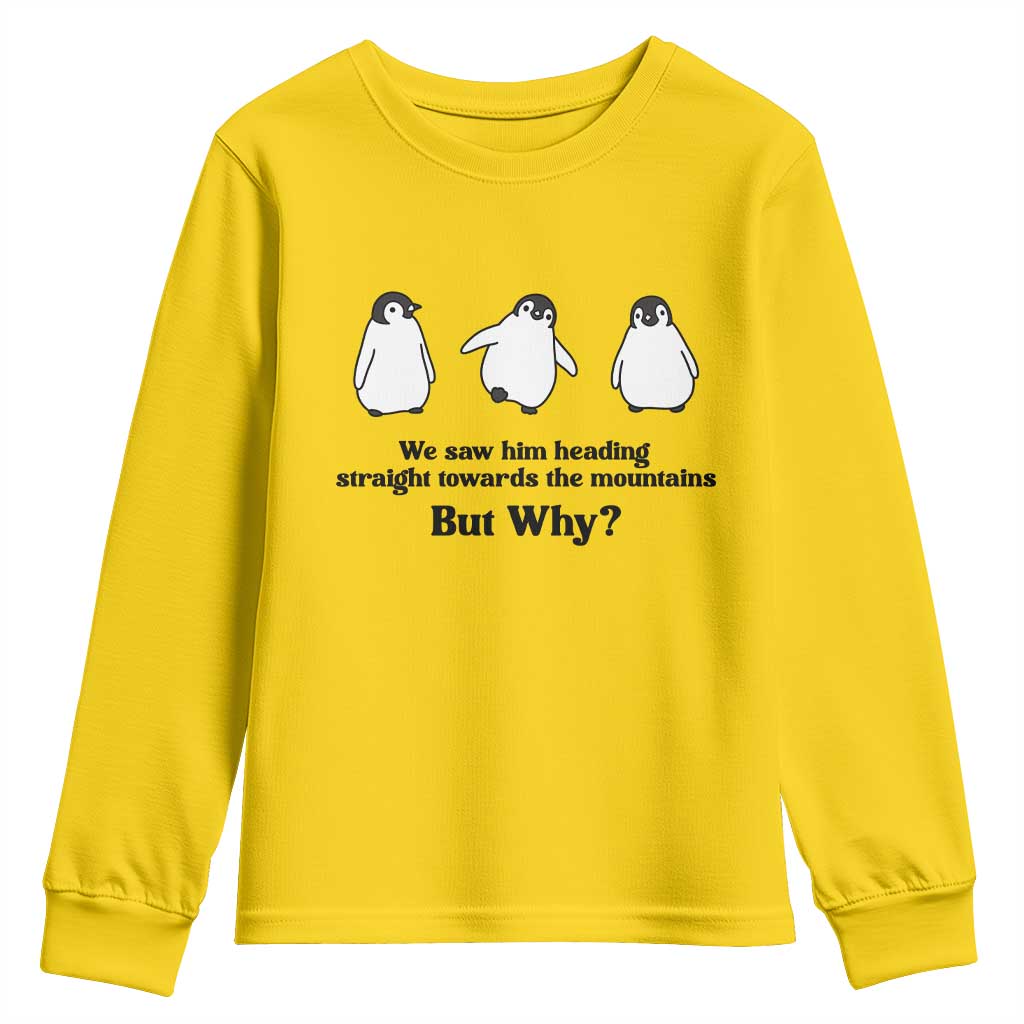 But Why Penguin Youth Sweatshirt Trendy Nihilist Sad Penguin Mountains Meme