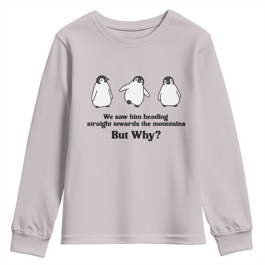 But Why Penguin Youth Sweatshirt Trendy Nihilist Sad Penguin Mountains Meme