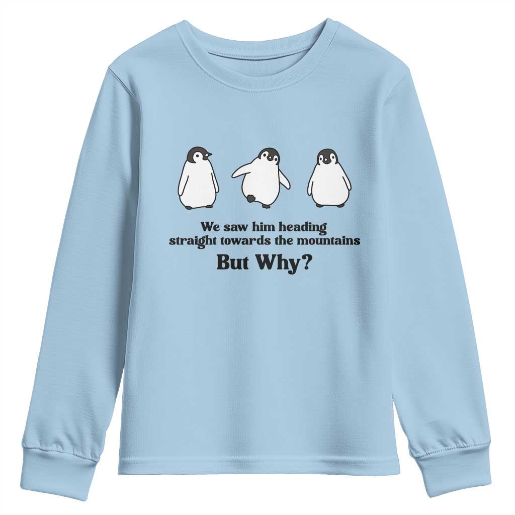 But Why Penguin Youth Sweatshirt Trendy Nihilist Sad Penguin Mountains Meme