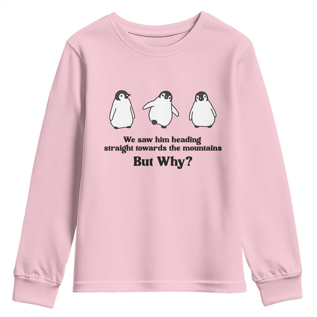 But Why Penguin Youth Sweatshirt Trendy Nihilist Sad Penguin Mountains Meme