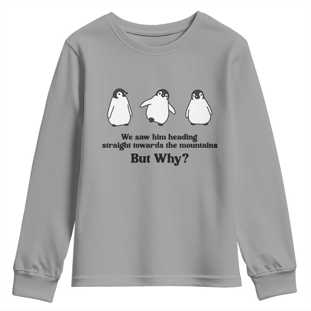 But Why Penguin Youth Sweatshirt Trendy Nihilist Sad Penguin Mountains Meme