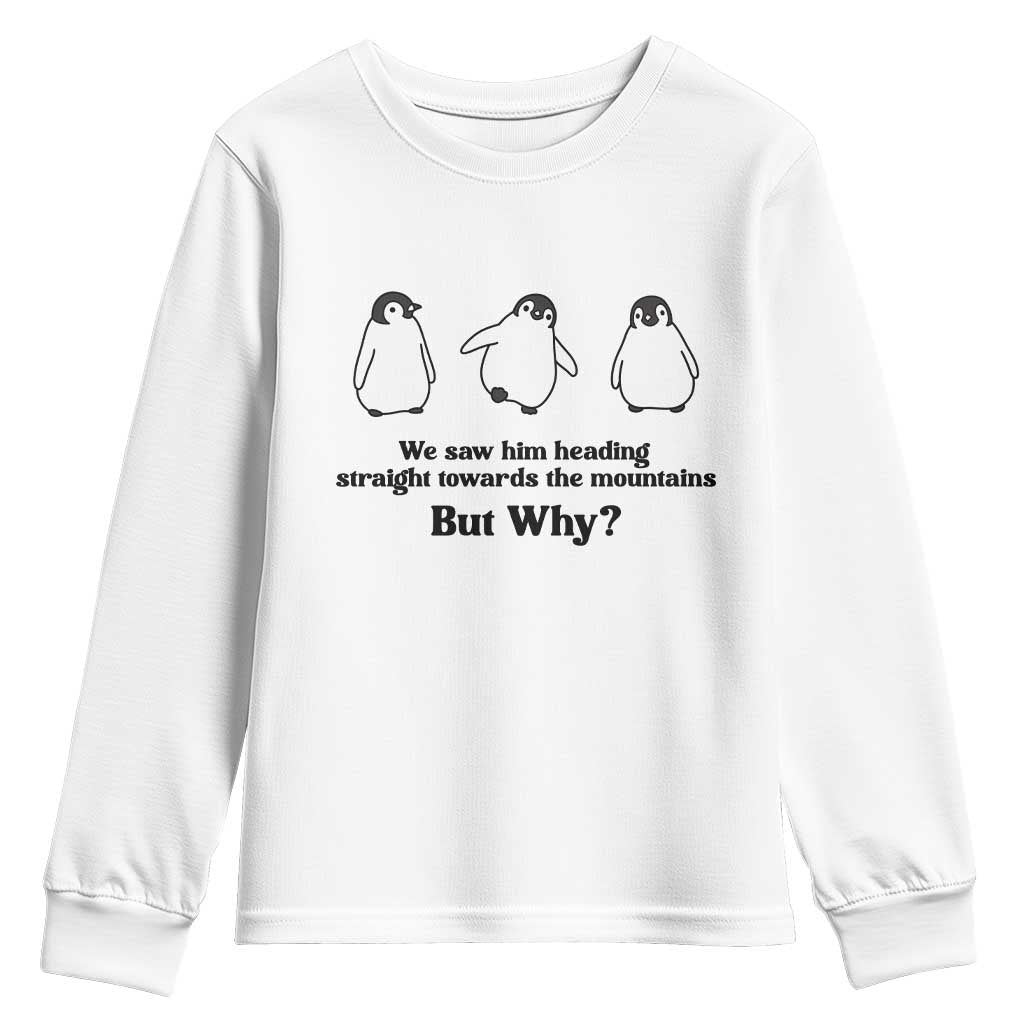 But Why Penguin Youth Sweatshirt Trendy Nihilist Sad Penguin Mountains Meme