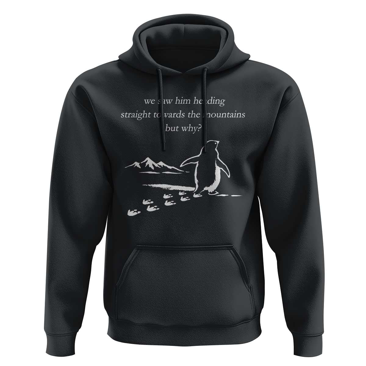 But Why Penguin Hoodie Funny Nihilist Penguin Hiking Meme Head Towards The Mountains