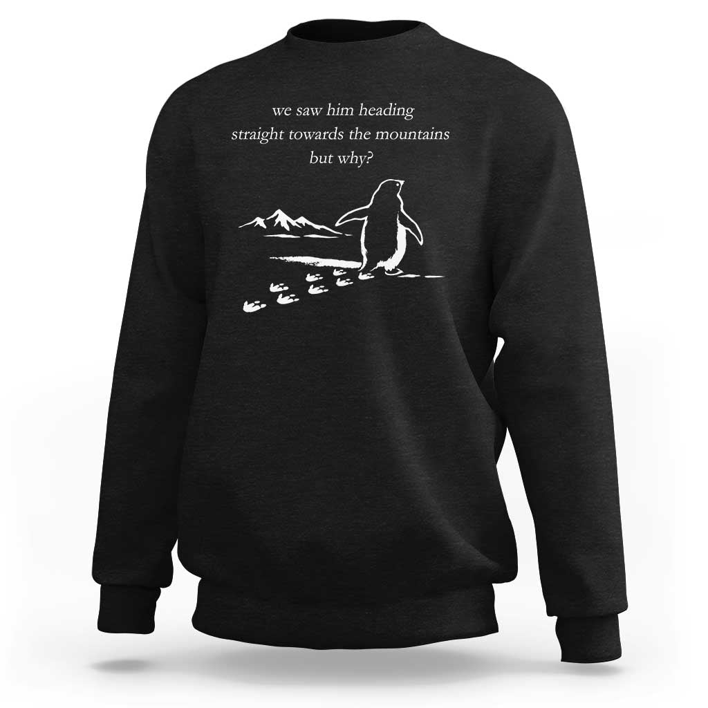 But Why Penguin Sweatshirt Funny Nihilist Penguin Hiking Meme Head Towards The Mountains