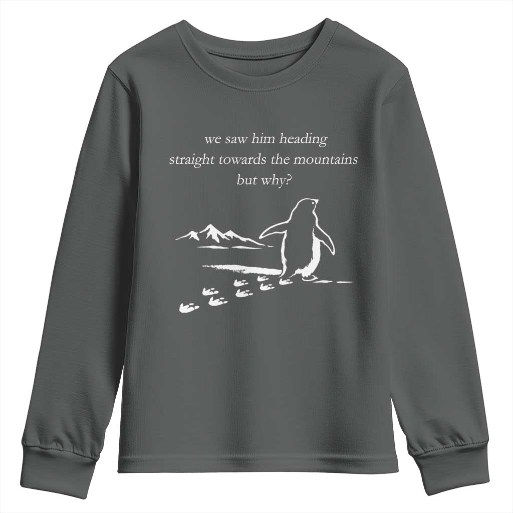 But Why Penguin Youth Sweatshirt Funny Nihilist Penguin Hiking Meme Head Towards The Mountains