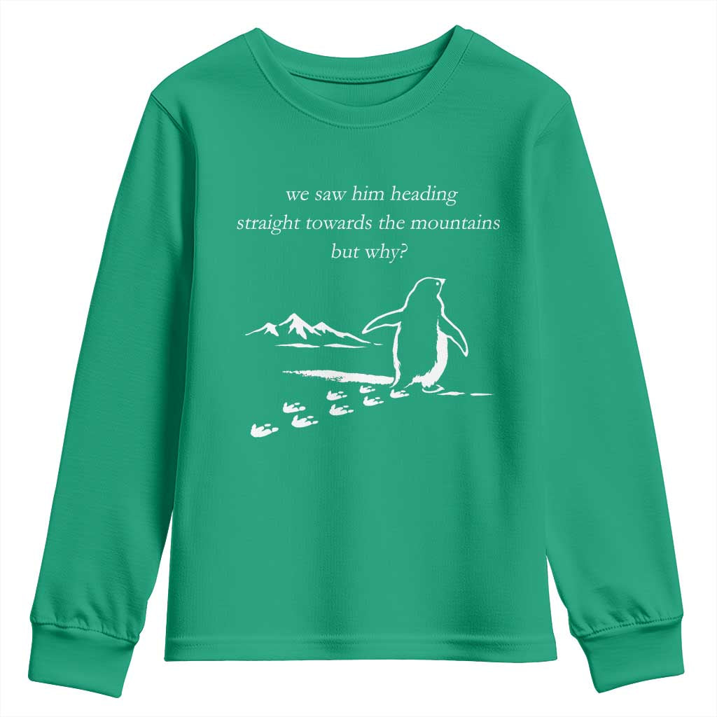But Why Penguin Youth Sweatshirt Funny Nihilist Penguin Hiking Meme Head Towards The Mountains