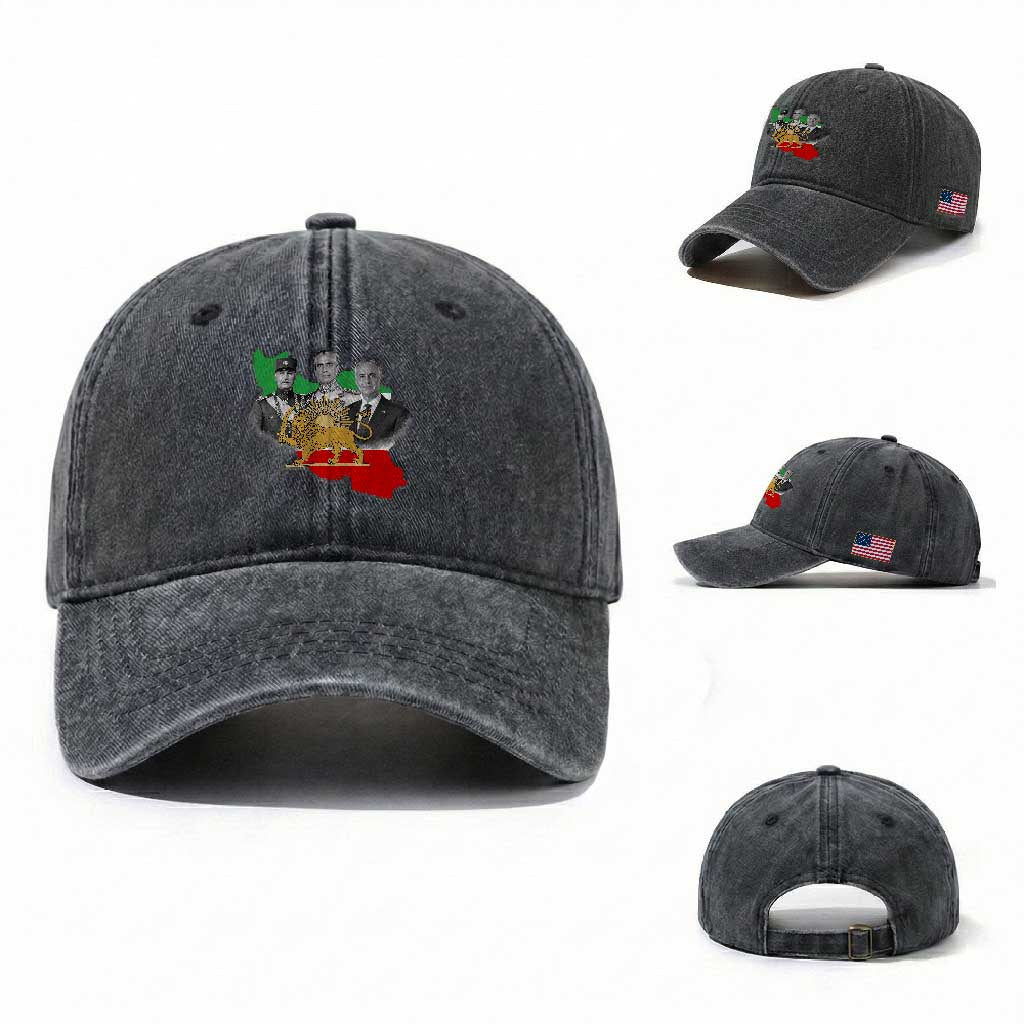 Pahlavi Dynasty Washed Cotton Baseball Cap Three Generations Iran Lion and Sun Portrait