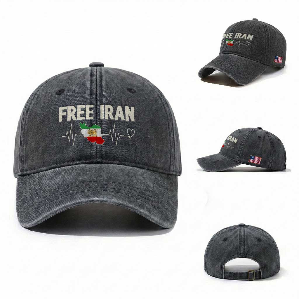 Free Iran Flag Washed Cotton Baseball Cap Support Iranian Freedom