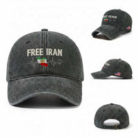 Free Iran Flag Washed Cotton Baseball Cap Support Iranian Freedom