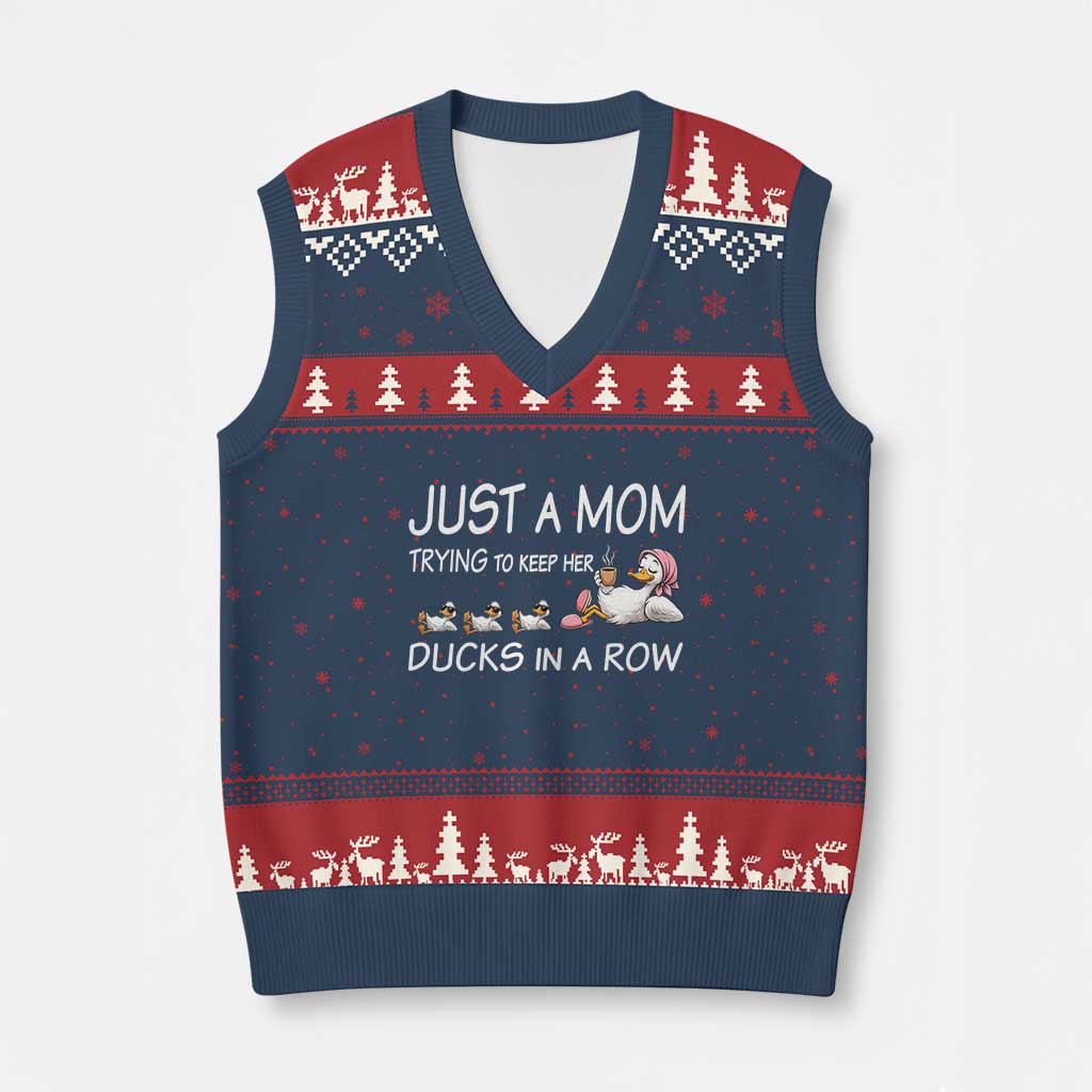 Funny Duck Mom V-Neck Knit Sweater Vest Just A Mom Trying To Keep Her Ducks In A Row