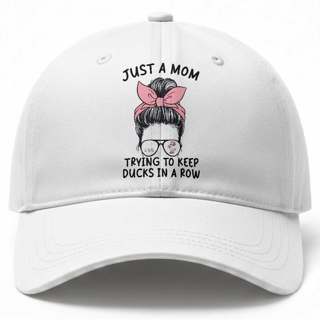 Just A Mom Trying To Keep Her Ducks In A Row Baseball Cap Funny Duck Mom Messy Hair Bun Moms Life
