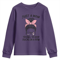 Just A Mom Trying To Keep Her Ducks In A Row Youth Sweatshirt Funny Duck Mom Messy Hair Bun Moms Life