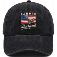 I'll Be in the Backyard Washed Cotton Baseball Cap USA Flag Cigar and Bourbon