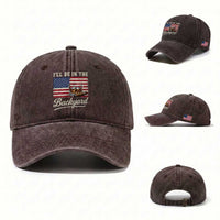 I'll Be in the Backyard Washed Cotton Baseball Cap USA Flag Cigar and Bourbon