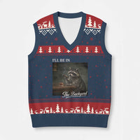 I'll Be in the Backyard V-Neck Knit Sweater Vest Funny Whiskey Cigar Raccoon Dad Meme