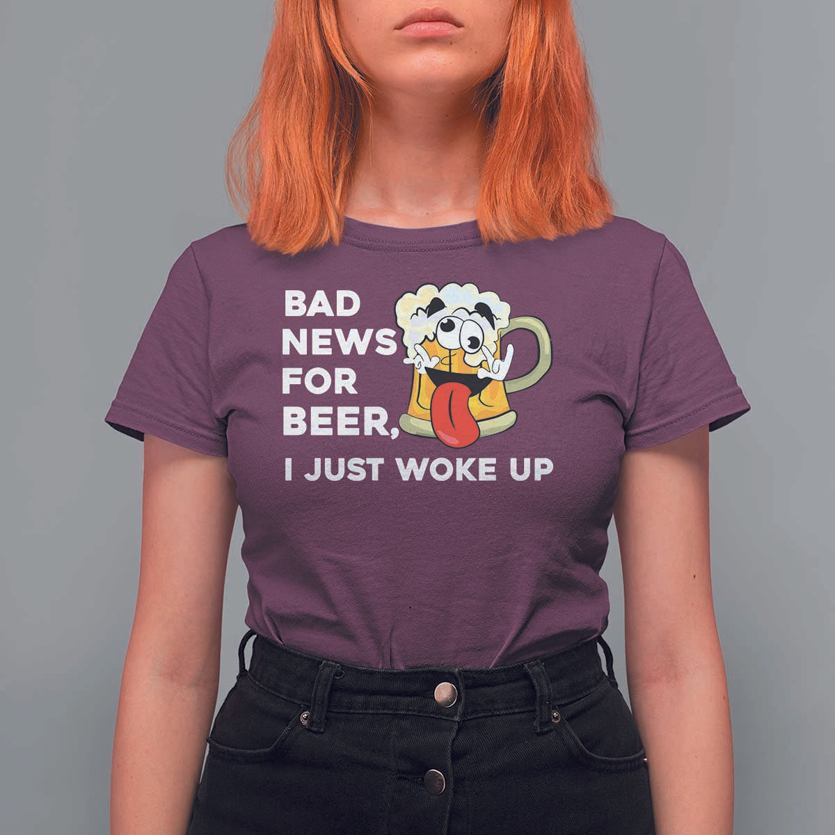 Funny Beer Drinking T Shirt For Women Bad News for Beer I Just Woke Up - Wonder Print Shop