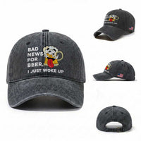 Funny Beer Drinking Washed Cotton Baseball Cap Bad News for Beer I Just Woke Up