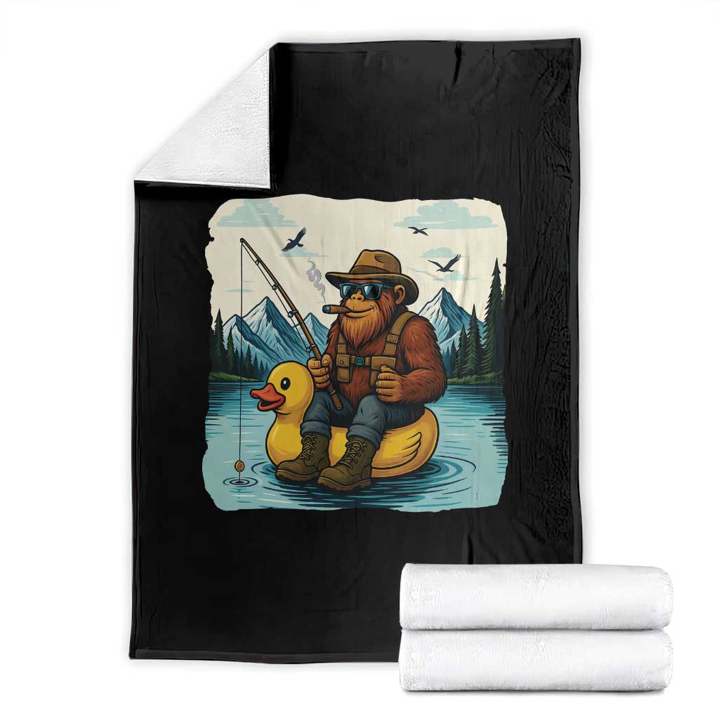 Funny Bigfoot Fishing Throw Blanket Sasquatch Sitting Rubber Duckie Cruise - Wonder Print Shop