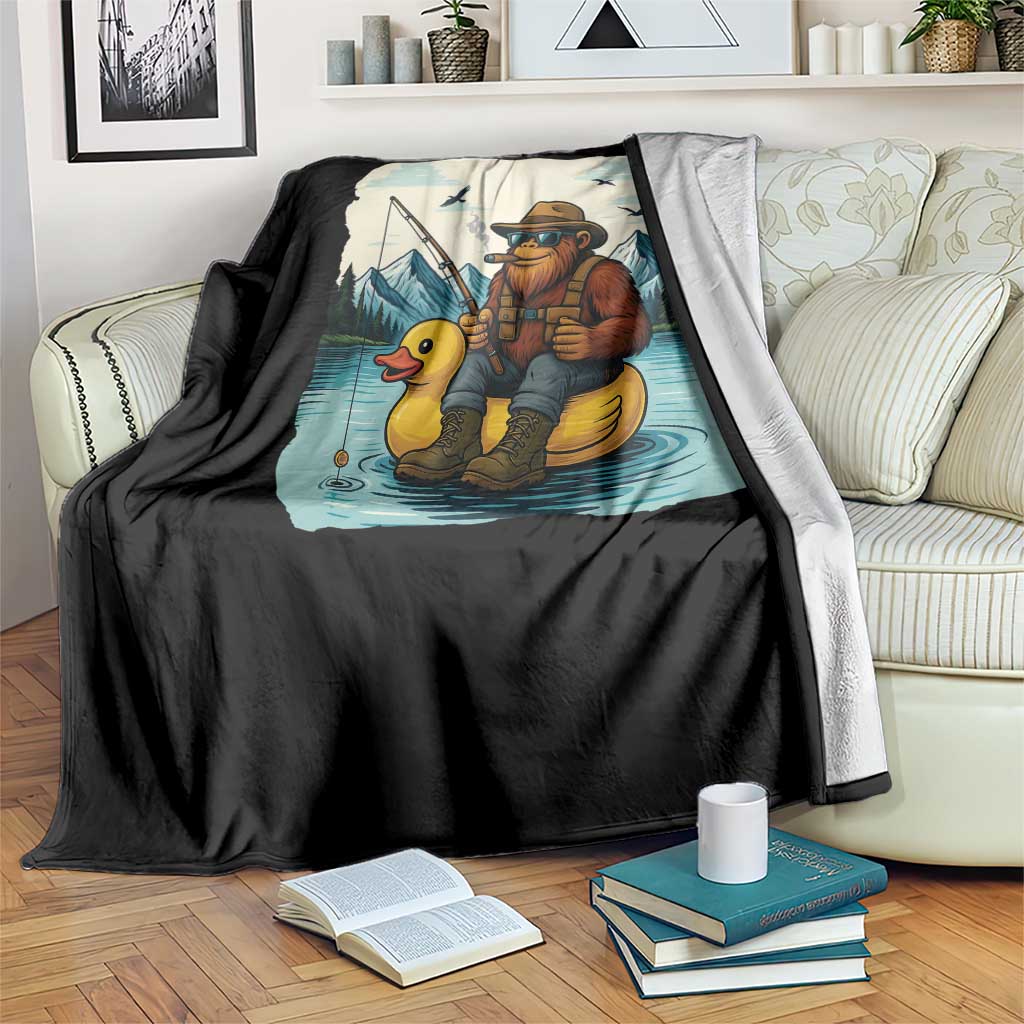 Funny Bigfoot Fishing Throw Blanket Sasquatch Sitting Rubber Duckie Cruise - Wonder Print Shop